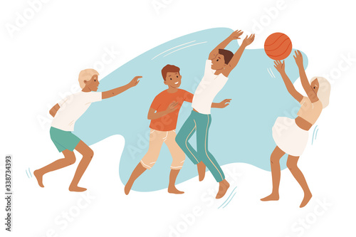 Young people play volleyball in the summer. Youth actively plays the ball. Serve the ball