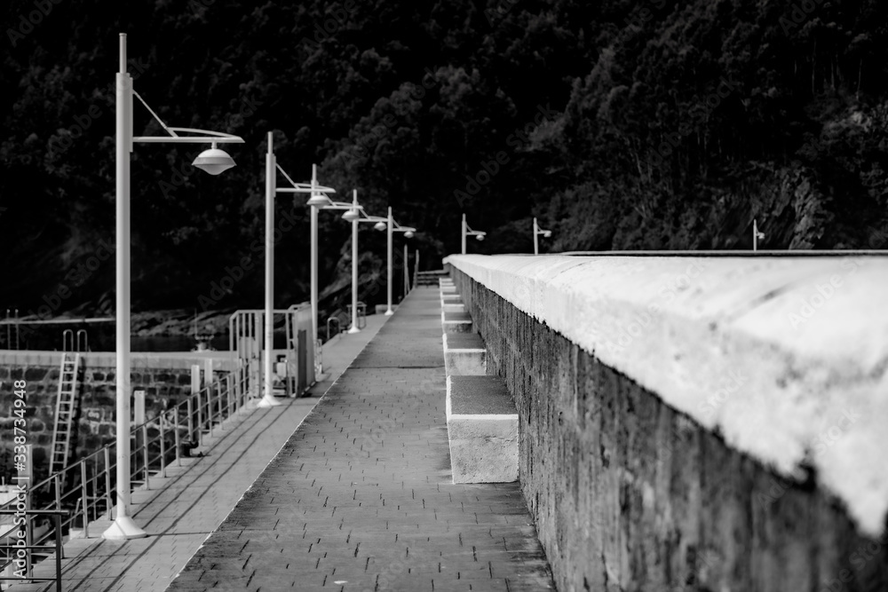 Obraz premium Stylish lanterns and promenade in the fishing port. Armintza village. Basque Country. Northern spain. Black and white image