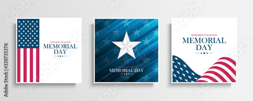 USA Memorial Day greeting cards collection with Silver Star and United States national flag. Remember and honor. United States national holiday vector illustration.