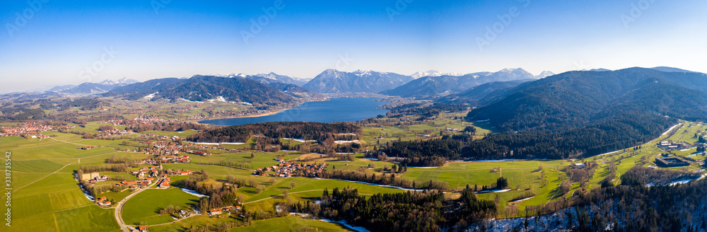 Fototapeta premium Tegernsee lake in the Bavarian Alps. Aerial Panorama. Spring. Germany