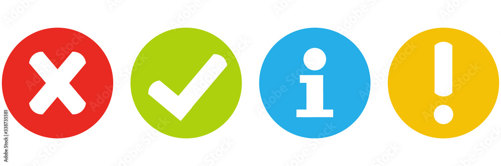 4 farbige Kreise mit Icon für Löschen, Bestätigen, Info und Warnung