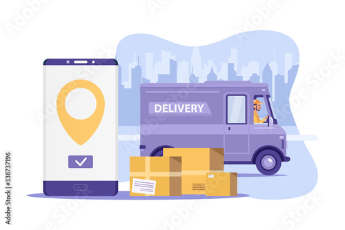 Flat cartoon purple delivery van vehicle with driver or courier and mobile phone on background with city. Express delivery food truck concept. Element for some quarantine banner. Vector illustration.