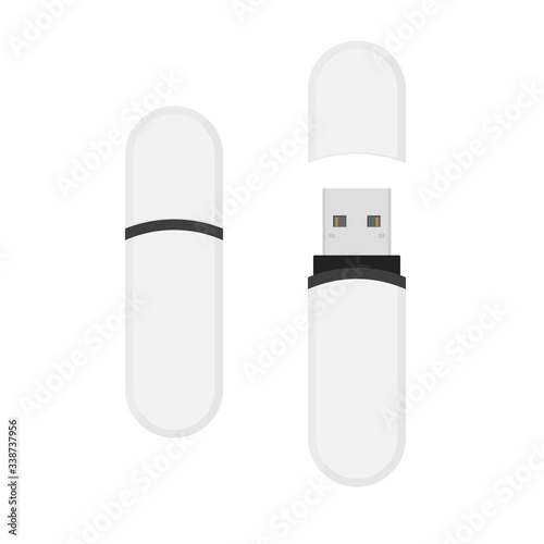 White and black oval USB flash drive opened and closed. Vector illustration isolated on white background