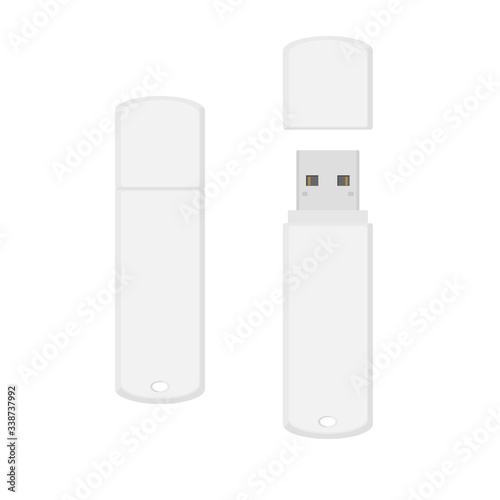 White rounded USB flash drive opened and closed. Vector illustration isolated on white background