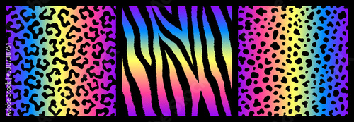 Set of 3 rainbow-colored gradient animal seamless patterns. Beautiful detailed textures for textiles, wrapping paper, covers, etc.