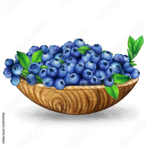 Watercolor wooden bowl full of fresh blueberries