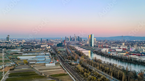 Aerial picture of Frankfurt skyline and European Central Bank building during sunrise in morning twilight