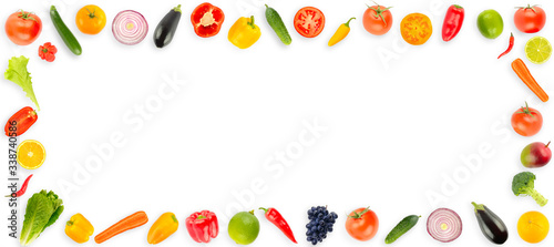 Wide frame ripe fresh vegetables and fruits isolated on white. Copy space
