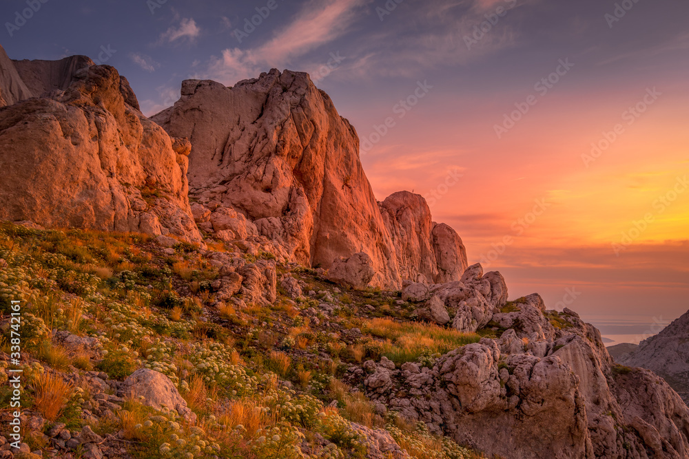 Landscape view of the mountain and sunset sky in the background. Tulo's Rafters, Velebit Nature Park, Croatia. Landscape view of the mountain and sunset sky in the background. Tulo's Rafters, Velebit Nature Park, Croatia.