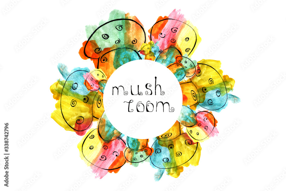Circular frame of stylized watercolor mushrooms. Circular frame of stylized watercolor mushrooms.
