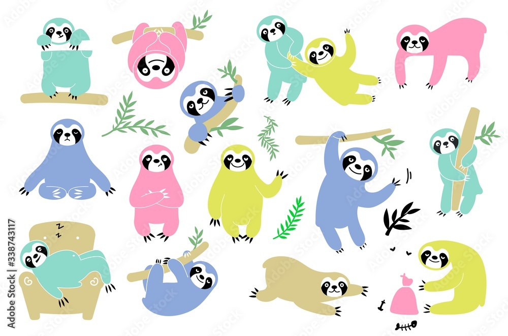 Naklejka premium Sloth on branch. Cute little kid sleepy animal on branch in zoo playing with baby hanging vector characters cartoon.