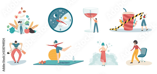 Vector illustration about how to keep healthy during quarantine for coronavirus. Prevention measures: how to stay home safe and take care of your body and physical health during self isolation in the 