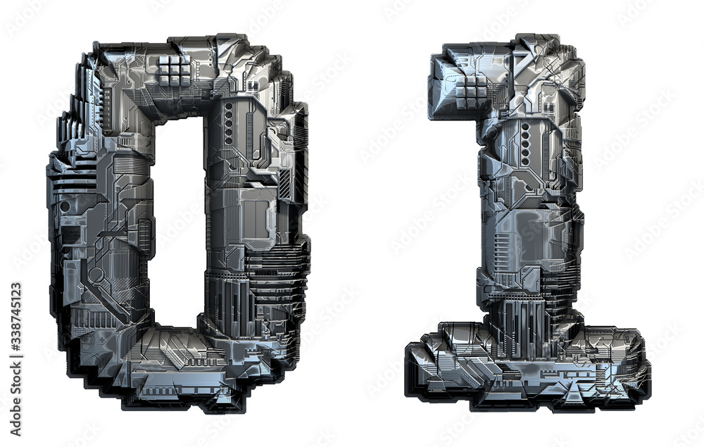 Fototapeta premium Set of numbers 0 and 1 made of metal isolated on white background. 3d