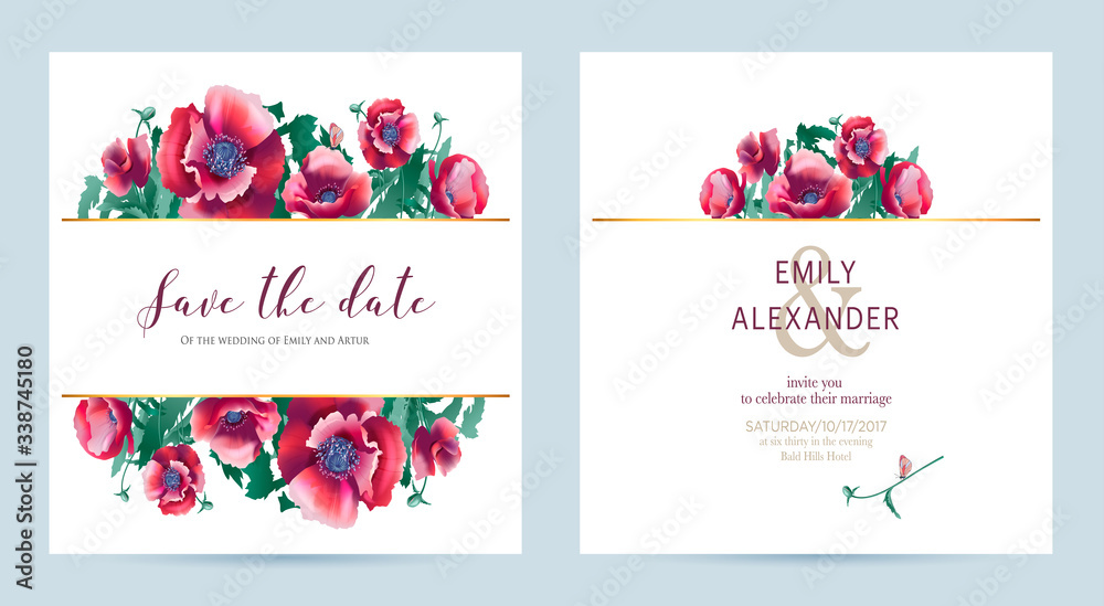 Wedding invitation card with bright poppies. The concept of an invitation with space for text. Vector illustration