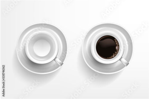 set of classic white cup of coffee americano on white background. Top View 

