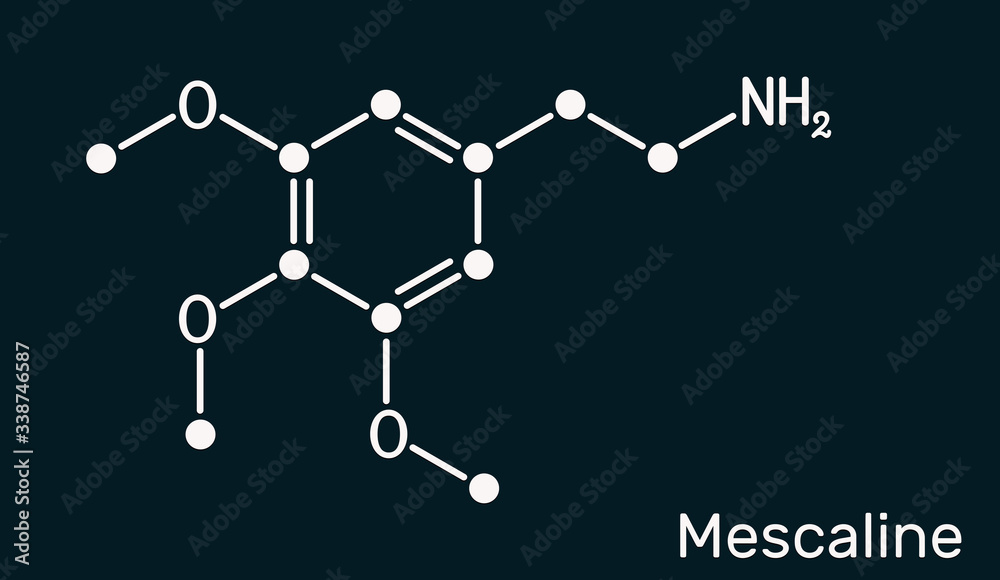 Mescaline molecule. It is hallucinogenic, psychedelic, phenethylamine alkaloid. Skeletal chemical formula on the dark blue background Mescaline molecule. It is hallucinogenic, psychedelic, phenethylamine alkaloid. Skeletal chemical formula on the dark blue background