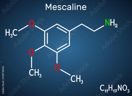 Mescaline molecule. It is hallucinogenic, psychedelic,  phenethylamine alkaloid. Structural chemical formula on the dark blue background