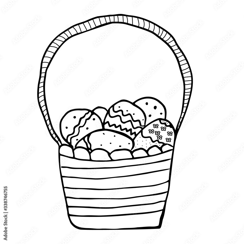Fototapeta premium Easter eggs in a basket. Easter. Hand drawing, vector. Separately on a white background.