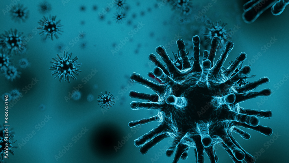 Macro view of viruses floating in body fluid. Concept for illness..3D render.