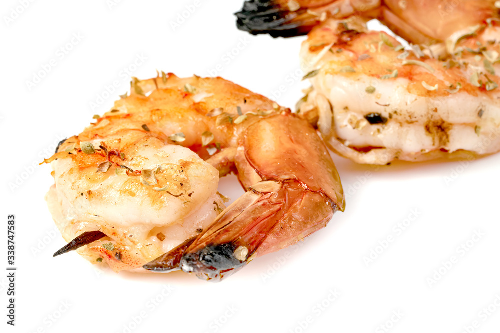 roasted peeled prawn with skewer isolated on white background ,grilled shrimp roasted peeled prawn with skewer isolated on white background ,grilled shrimp