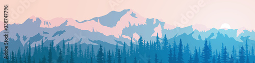Vector illustration of mountains, ridge in the morning haze, panoramic view. Trees against the setting sun.