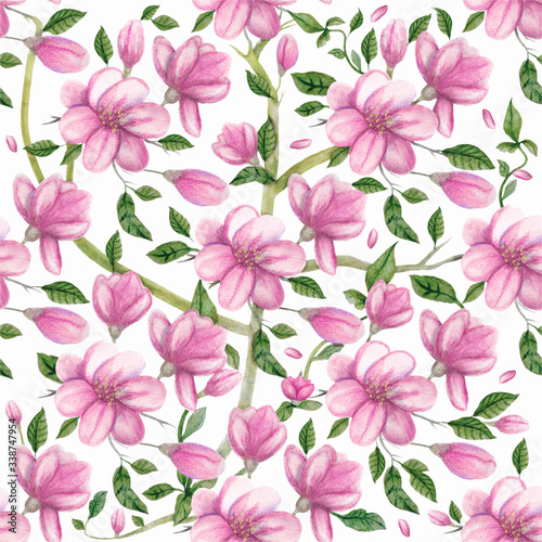 Magnolia watercolor seamless floral pattern