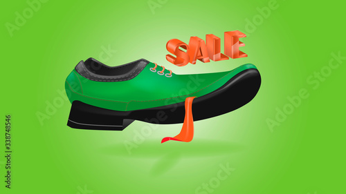 Advertising banner with a funny cartoon green shoe. Lively shoes with a long tongue. Shoes are a dog.