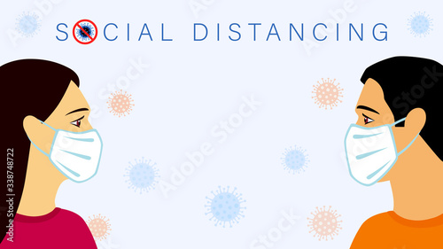 Social distancing concept with men & women in medical mask. Lockdown pandemic outbreak Coronavirus Covid-19. 2019-nCoV symptoms in Wuhan China, warning and quarantine