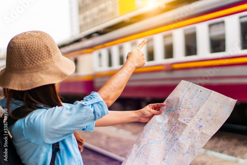 Wallpaper Mural Solo backpacker traveler plan safety trip low cost budget summer holiday after coronavirus crisis. Empty tourist on train railway platform. Use bus train sustainable environmental friendly transport Torontodigital.ca