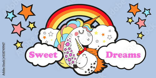 Cute carttoon style mama unicorn with doghter unicorn, starry sky, bright rainbow with clouds. Horizontal banner. Elements for kids room decoration, book, wall sticker, postcard, invitation.