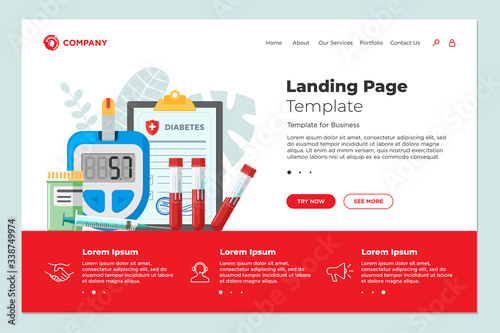 Glucometer for diabetes medical diagnosis measuring sugar level. Diabetic blood glucose meter with pills and test tubes. Laboratory equipment and syringe eps website landing page illustration