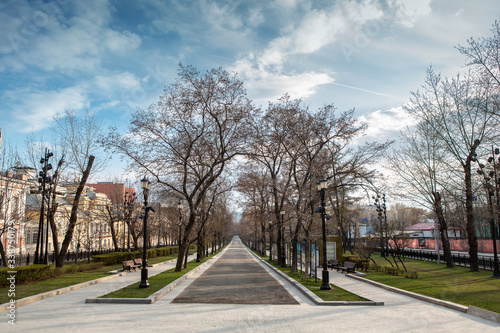 Park alley without people. Sunny spring day. Self-isolation in the city. Center of Moscow, Tverskaya Boulevard. © Olga