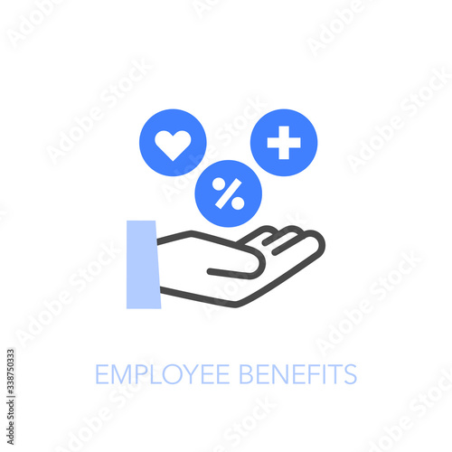 Employee benefits symbol with a human hand and some common benefits. Easy to use for your website or presentation.
