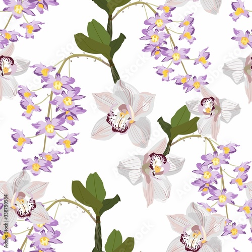 Floral seamless tropical pattern, summer background with exotic orchid flowers branch. Vintage botanical wallpaper, illustration in Hawaiian style.