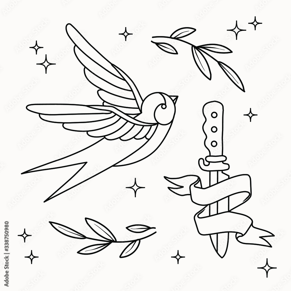 Images Beautiful Birds Old School Tattoo Style Stock Vector by imagoaiva  177289258