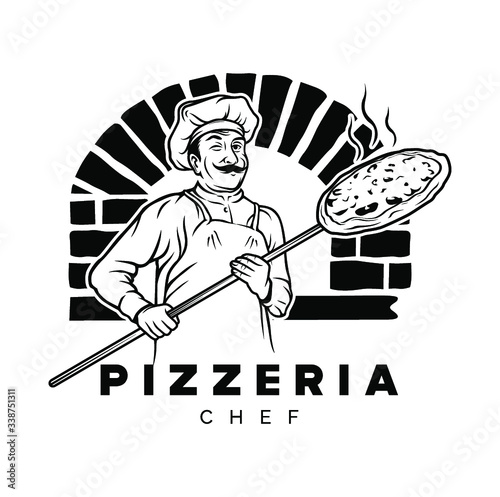 pizzeria chef logo vector illustration, Design element for logo, poster, card, banner, emblem, t shirt. Vector illustration