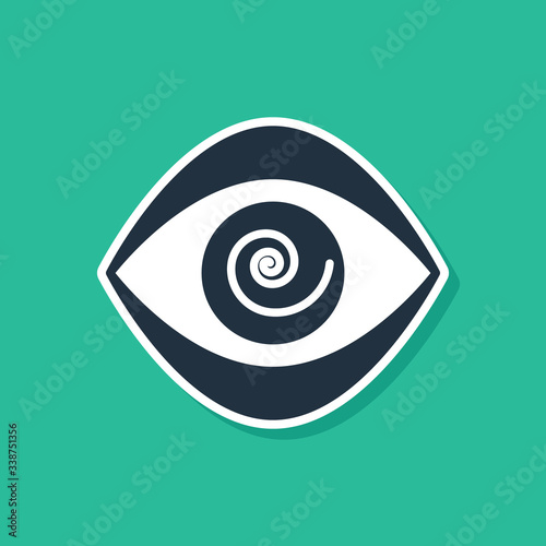 Blue Hypnosis icon isolated on green background. Human eye with spiral hypnotic iris.  Vector Illustration