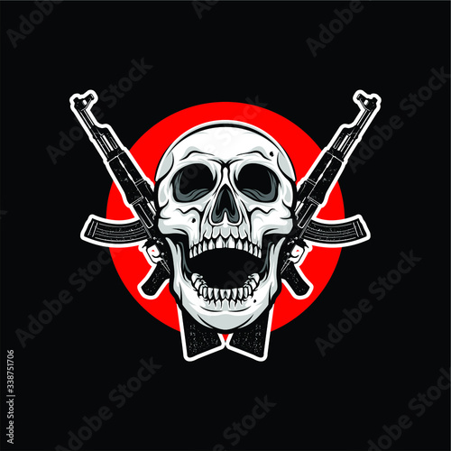 skull with crossed machine guns, Design element for logo, poster, card, banner, emblem, t shirt. Vector illustration