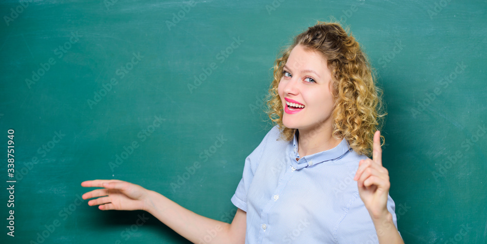 Teacher best friend of learners. Teaching could be more fun. Good teacher master of simplification. Woman teacher in front of chalkboard. Teacher explain hard topic. Important information to remember