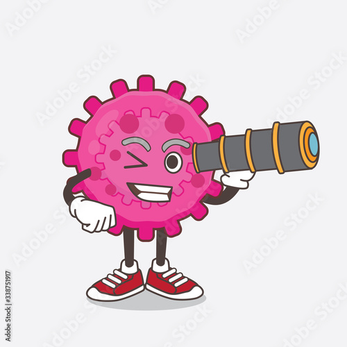 Pink Virus cartoon mascot character using a monocular