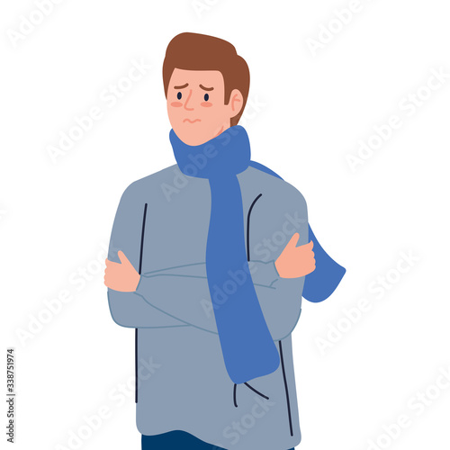 man with scarf sick of covid 19 vector illustration design