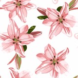 Beautiful pink lilies flowers. Seamless pattern on white background.