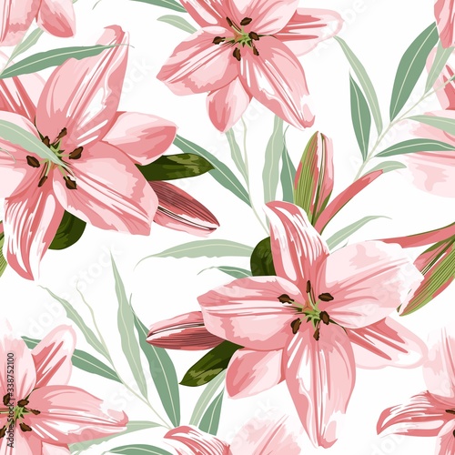 Beautiful pink lilies flowers and herbs. Seamless pattern on white  background.