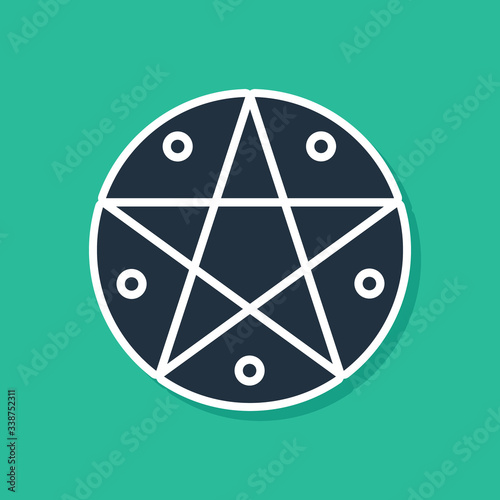 Blue Pentagram in a circle icon isolated on green background. Magic occult star symbol.  Vector Illustration