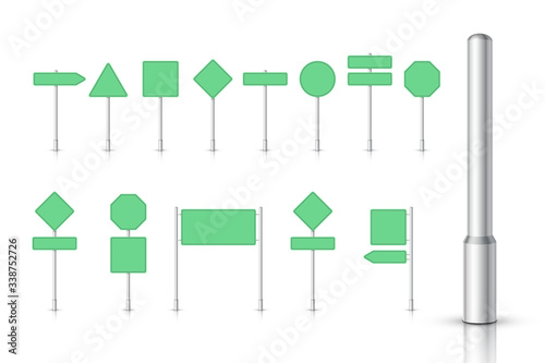 Mockup green traffic sign isolated on white background. Road signpost. Blank board with place for text. Direction. Vector illustration.
