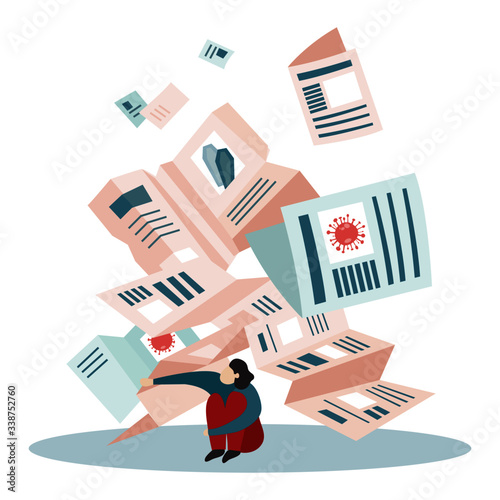 A crouched man coping with anxiety due to information overload about coronavirus pandemic. The man is curled up under a storm of blue and pink newspapers that crush and trap him. 