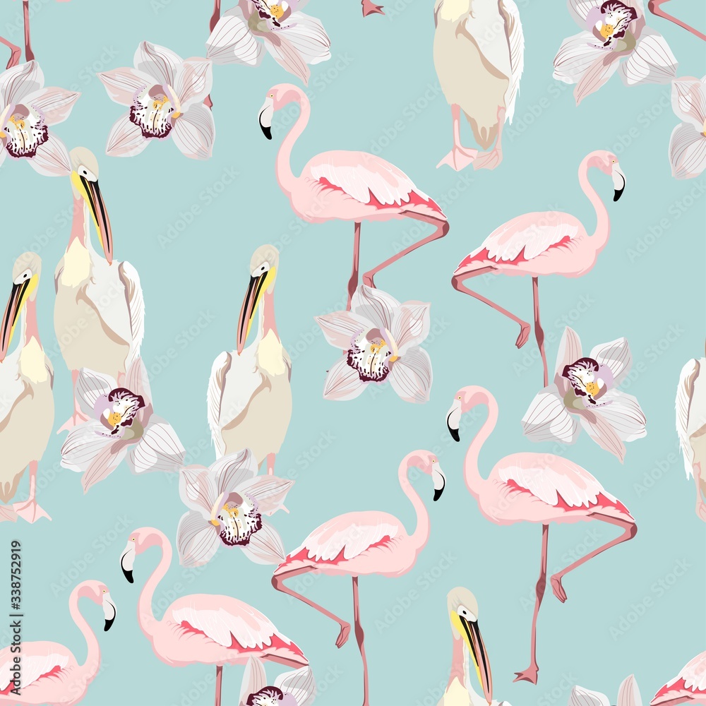Obraz premium Tropical orchid, exotic flowers, pelican flamingo bird floral seamless pattern, blue background. Exotic jungle bird wallpaper.