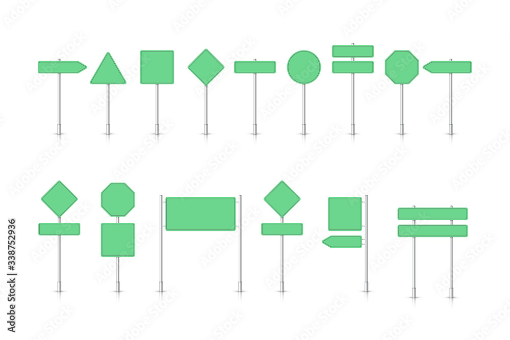 Mockup green traffic sign isolated on white background. Road signpost. Blank board with place for text. Direction. Vector illustration. Mockup green traffic sign isolated on white background. Road signpost. Blank board with place for text. Direction. Vector illustration.