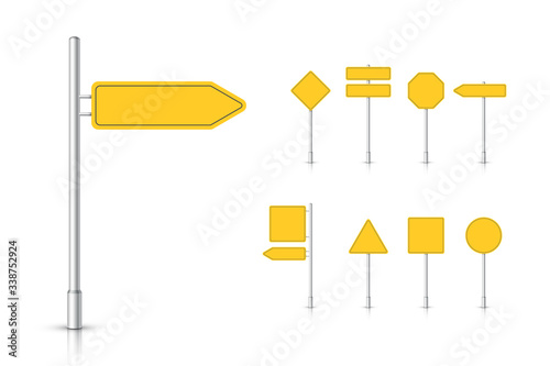 Mockup yellow traffic sign isolated on white background. Set of road signpost. Blank board with place for text. Vector illustration.