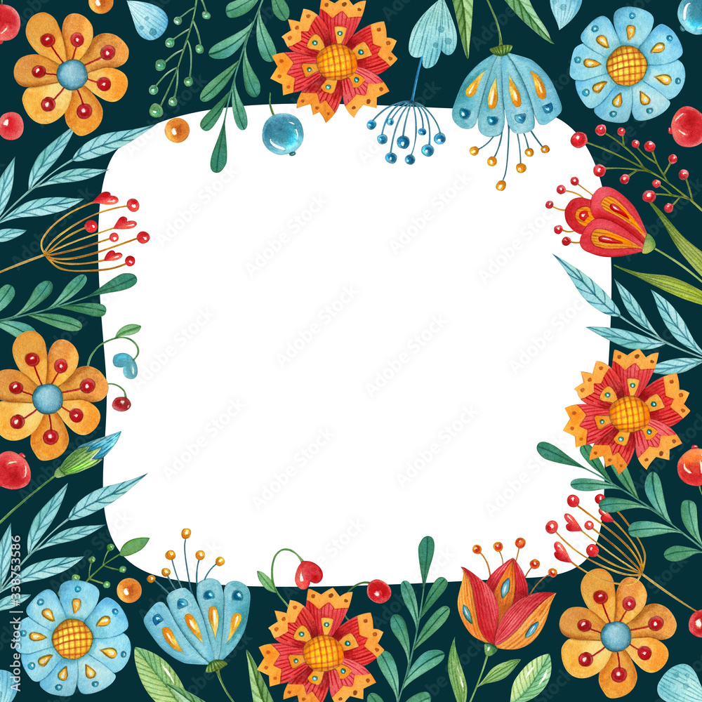 Fototapeta premium Hand-painted watercolor floral frame. Botanical illustration with space for text. Decor for invitations, greeting cards, posters, design elements.